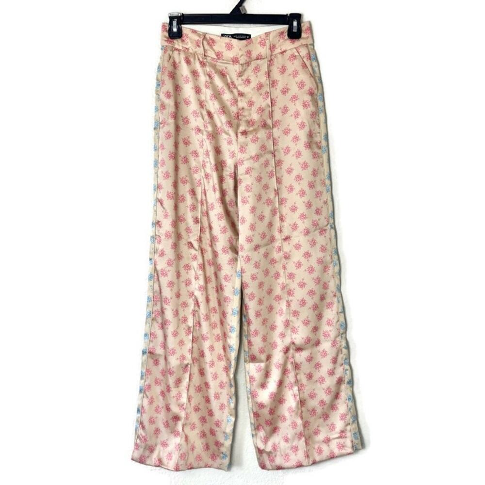 Zara Floral Pink & Blue Mixed Print Satin Pants Size XS